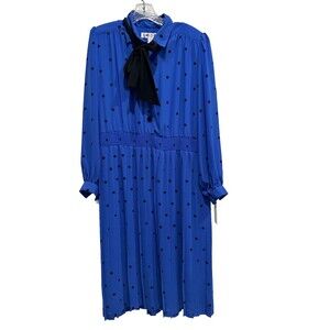 Vintage Ms Chaus 8 Cobalt Polka dot MIDI Long Sleeve Dress Teacher Retro Flowy